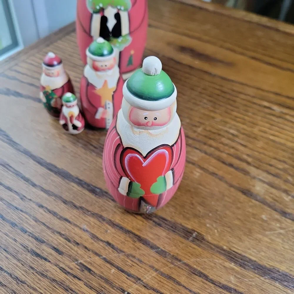 Vintage Hand Painted Santa Claus Matryoshka Nesting Dolls Set Of 5 Christmas